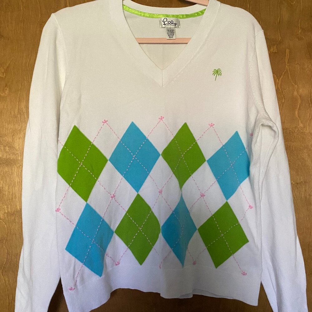 Lilly Pulitzer lime and aqua argyle sweater SIZE LARGE